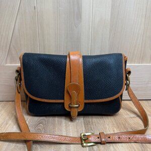 Vintage Dooney & Bourke Black Cognac Brown Pebbled Leather Equestrian AWL Bag